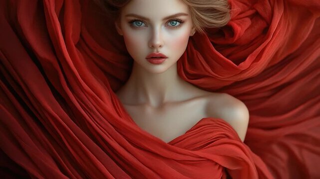 A woman wearing a bright red dress made of red fabric, no additional context