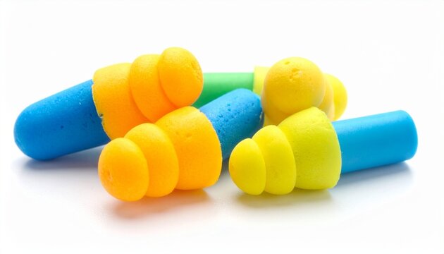 Colorful triple-flange earplugs in foam and silicone material for editorial hearing protection personal safety and noise reduction-themed visuals