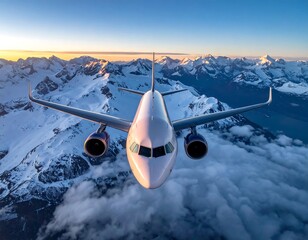 Fototapeta premium Airplane Flying Over Snowy Mountains.