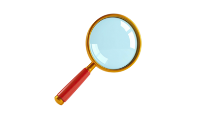 A stylized magnifying glass, handle red, gold frame, blue lens, floating on black