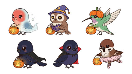 Halloween Birds: An charming collection of adorable cartoon birds, each dressed in delightful Halloween costumes, holding glowing jack-o'-lanterns.