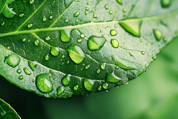 Fototapeta premium A vibrant green leaf glistening with morning dew, showcasing nature's delicate beauty in a close-up shot with lush green background.