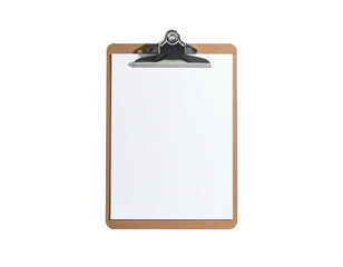 An empty white paper sheet clipped to a wooden clipboard, isolated on black
