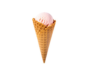 A pink ice cream scoop in a waffle cone, isolated on a black background
