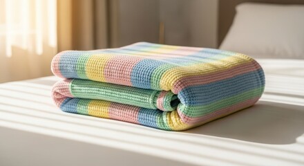 Cozy rainbow plaid blanket folded on a bed with sunlight streaming through window