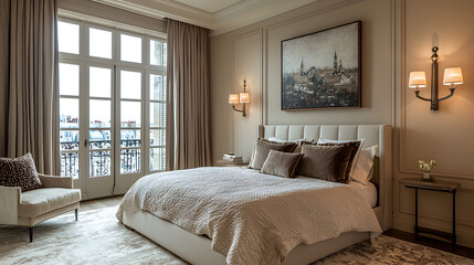 Elegant Parisian interior design showing bright bedroom with antique furniture, framed modern art, and soft textured decor, French doors opening to romantic city balcony.