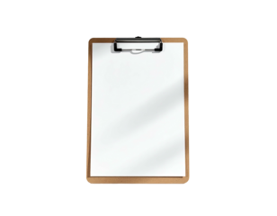 A wood-framed clipboard with a blank white paper, viewed from above, isolated