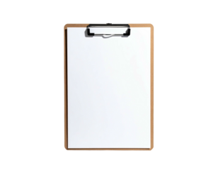 A rectangular clipboard with a blank white paper sheet, top clip visible