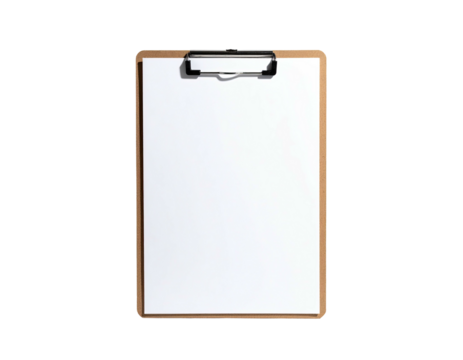 A rectangular clipboard with a blank white paper sheet, top clip visible