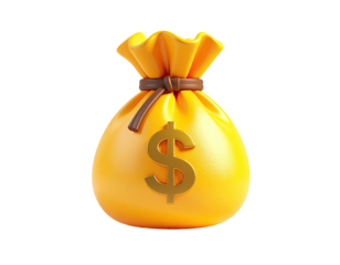 Bright gold drawstring bag with dollar sign, on black background