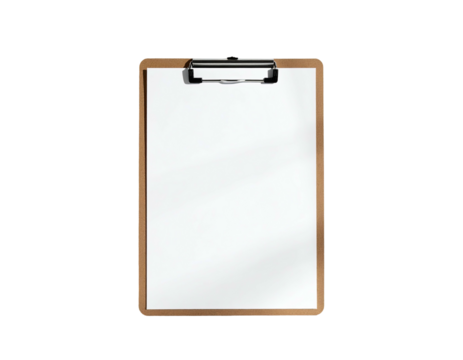 Isolated clipboard with blank white paper, a classic tool for notes & organization