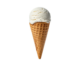 Creamy scoop of vanilla dessert atop a waffle cone, isolated on black