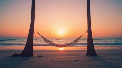 Obraz premium Hammock stretched between two palm trees on an empty beach at sunset, waves softly touching the shore