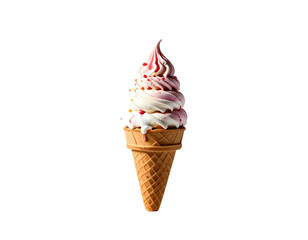 Swirled soft-serve ice cream cone with pink layers and sprinkles on a black background