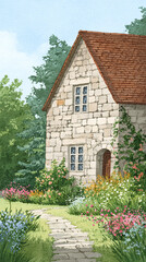 Charming Stone Cottage Surrounded by Lush Gardens and Vibrant Flowers, Capturing the Essence of Idyllic Rural Living in Stunning Detail and Warmth