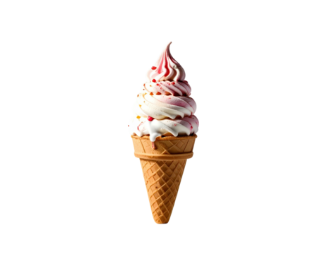 Swirled soft-serve ice cream cone with pink layers and sprinkles on a black background