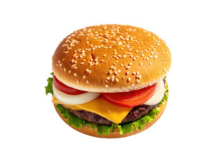 A fully assembled hamburger on a dark background, showing all ingredients