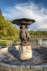 Historic Marfino estate, cultural heritage site with pond reflection, Moscow region, Russia