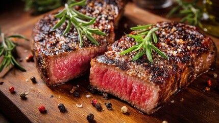 Juicy steak is grilled to perfection showing a vibrant pink center. It is garnished with fresh herbs and served on a rustic wooden board creating an inviting dining atmosphere.