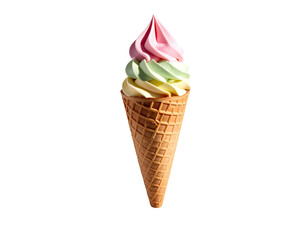 A colorful soft-serve ice cream cone with multiple swirls, against a dark backdrop