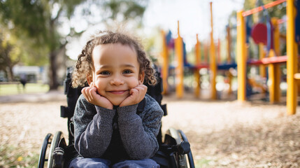 Happy disabled mixed race boy sitting in a wheelchair at a children's school park playground. Candid inclusive image of a smiling handicapped child. Inclusion & diversity in deib education	
