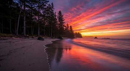 Vibrant sunset over ocean beach with silhouetted trees and dramatic sky