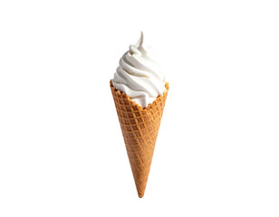 Swirl of vanilla soft serve ice cream in a crispy waffle cone, isolated