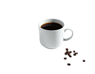 White coffee mug full of dark coffee with roasted beans scattered nearby