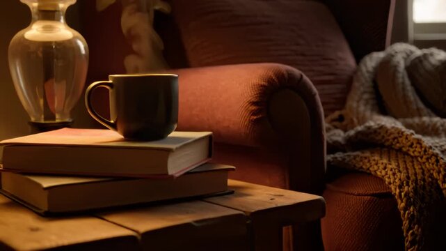 Cozy Evening Scene with Coffee, Books, and Warm Lamp Light