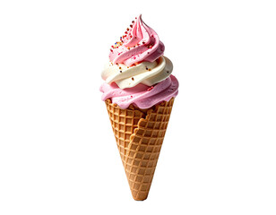 Swirled soft-serve ice cream in a waffle cone, sprinkled with candy