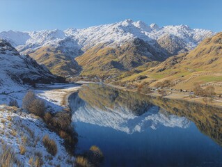 Scenic mountain landscape with snow capped peaks reflecting in calm river surrounded by green hills and clear blue sky du daytime