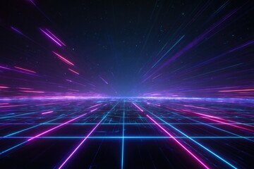 Obraz premium Digital artwork of a grid and streaking lights in shades of blue, purple, and pink against a starry background
