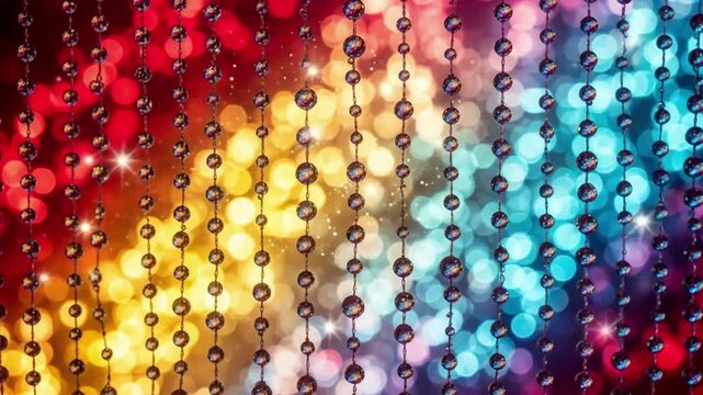 Abstract image of colorful beads hanging, with a blurred background of lights and bokeh.