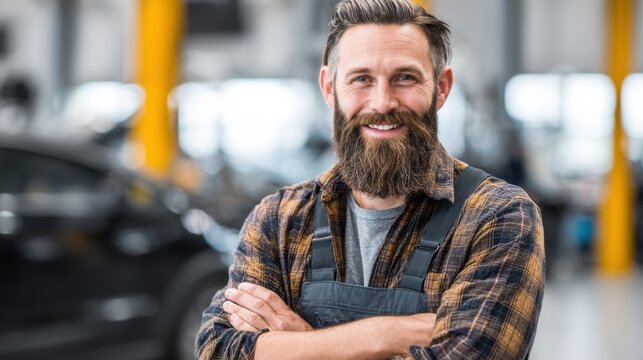 A male mechanic with a beard and a plaid shirt stands with crossed arms in an auto repair shop. He smiles warmly surrounded by vehicles and workshop tools in a bright environment. - Powered by Adobe