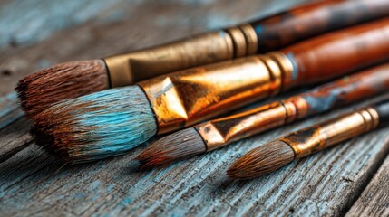 Fototapeta premium A collection of paintbrushes with vibrant bristles displayed on an aged wooden table. The brushes vary in size and color showcasing their detailed textures and craftsmanship.
