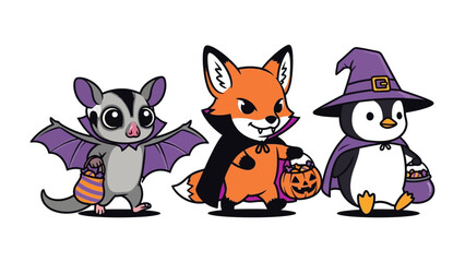 Obraz premium Halloween Animal Friends: This captivating artwork features a delightful array of cartoonish animals, each adorned in festive Halloween attire, creating a whimsical scene. 