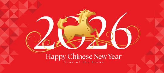 Happy chinese new year - Gold horse zodiac between 2026 number of year and line curve around on red texture background vector design