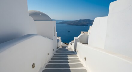 Obraz premium White architecture stairs leading to ocean view in bright daylight
