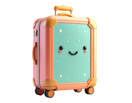 Cartoon suitcase with a friendly face and star patterns