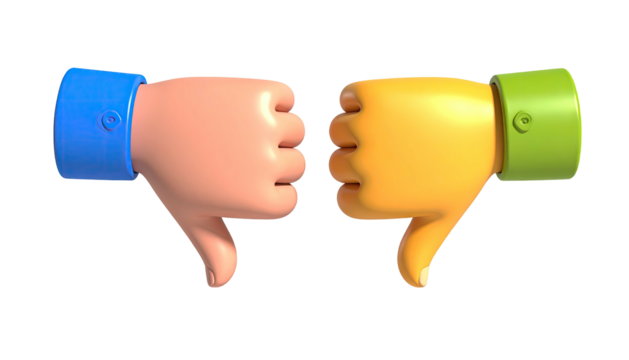 Stylized, colorful cartoon thumbs-down gestures against black background