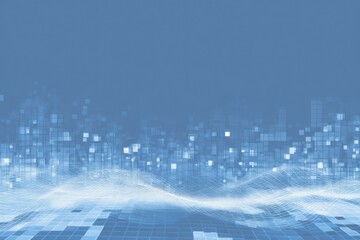 Blue abstract background depicting a digital landscape with square pixel formations
