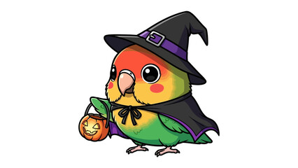 Parrot in Halloween Costume: A cheerful parrot, playfully adorned in a witch's hat and cape, carries a glowing jack-o'-lantern, embodying the spooky spirit of Halloween.