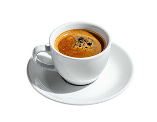 A cup of hot espresso coffee, resting on a white saucer