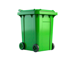 A shiny green waste container on wheels, lid closed, against black background