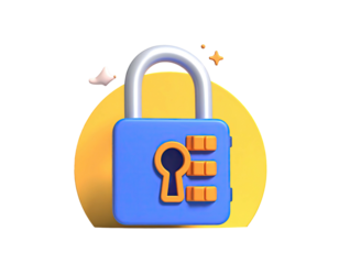 3D rendered blue and silver padlock with a yellow background and sparkles