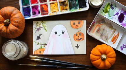 Hand-drawn watercolor illustration of Halloween elements. Halloween card with a picture of a ghost, pumpkins and paint