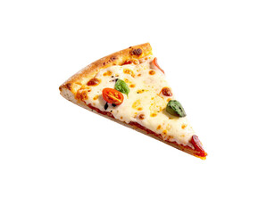 A single, appetizing pizza slice on a plain black background