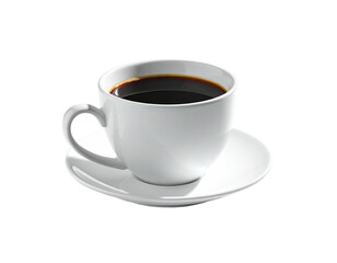 Ceramic coffee cup with dark liquid, resting on a matching saucer, black background