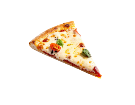 A single, appetizing pizza slice on a plain black background