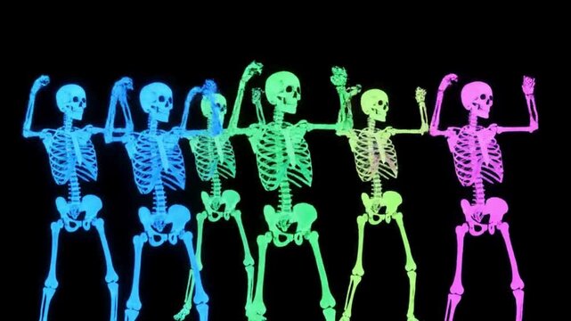 A seamless animation of skeletons dancing salsa, rendered with a striking neon fluorescent effect. The skeletons glow brightly against a dark background perfect for halloween parties and events.